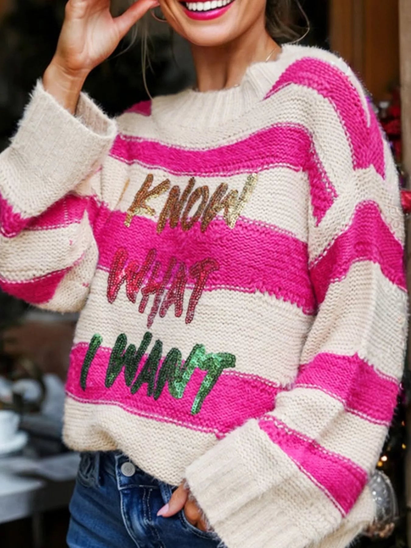 Sequin Letter Graphic Colorblock Loose Sweater