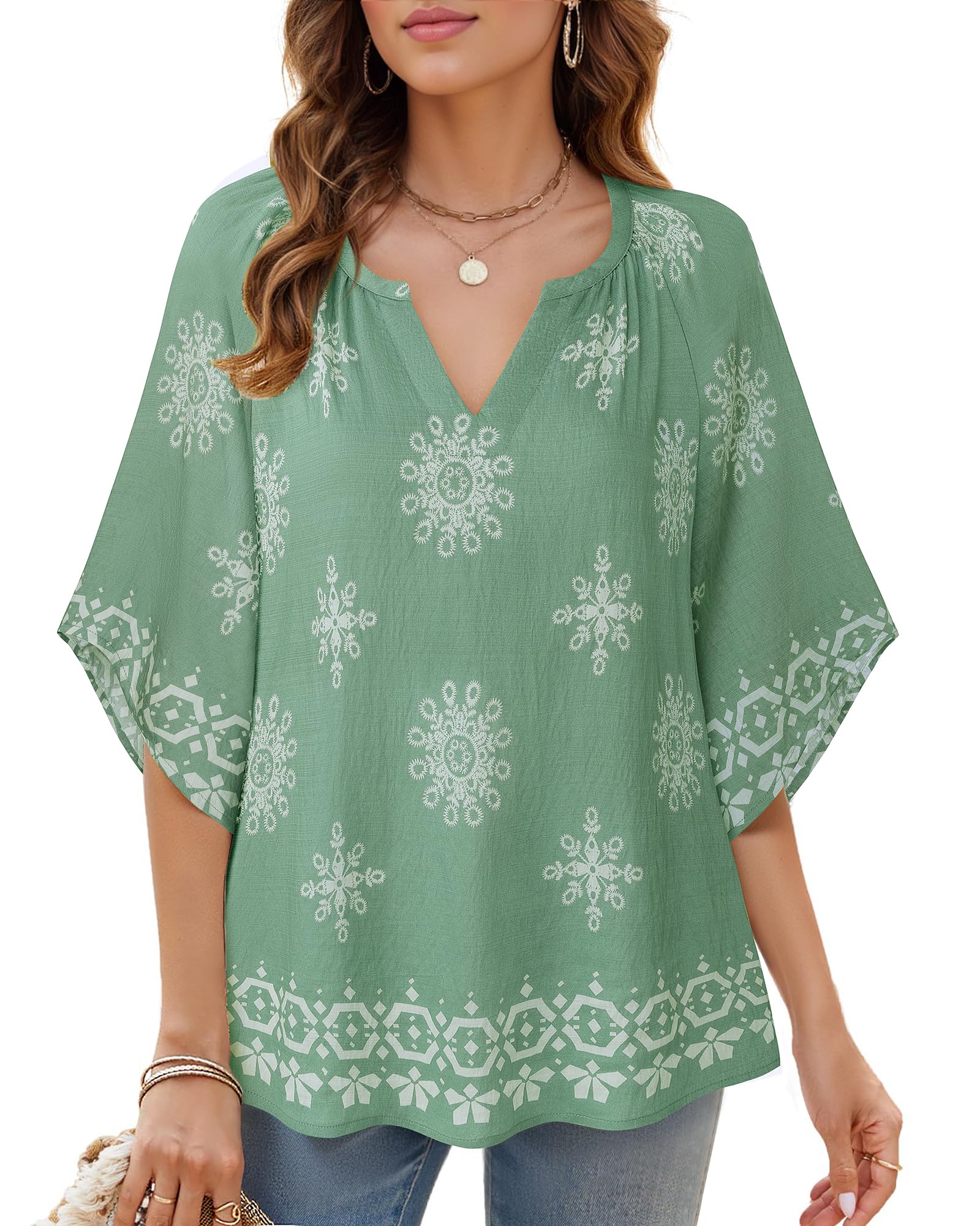 Big & Tall Clothing - Women's 3/4 Sleeve V-Neck Bohemian Peasant Blouse Loose Fit Tunic Top