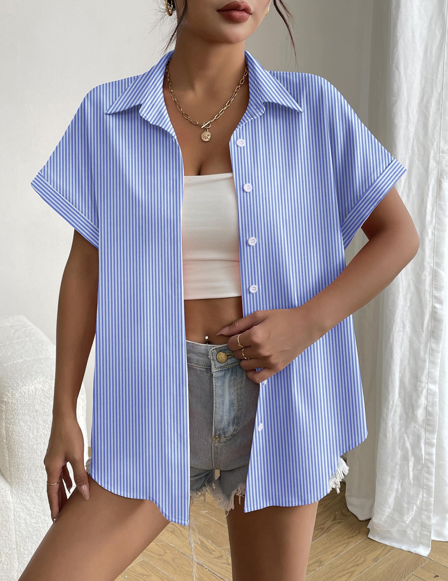 Women's Short Sleeve Button Down Shirt - Summer V-Neck Blouse for Work and Casual