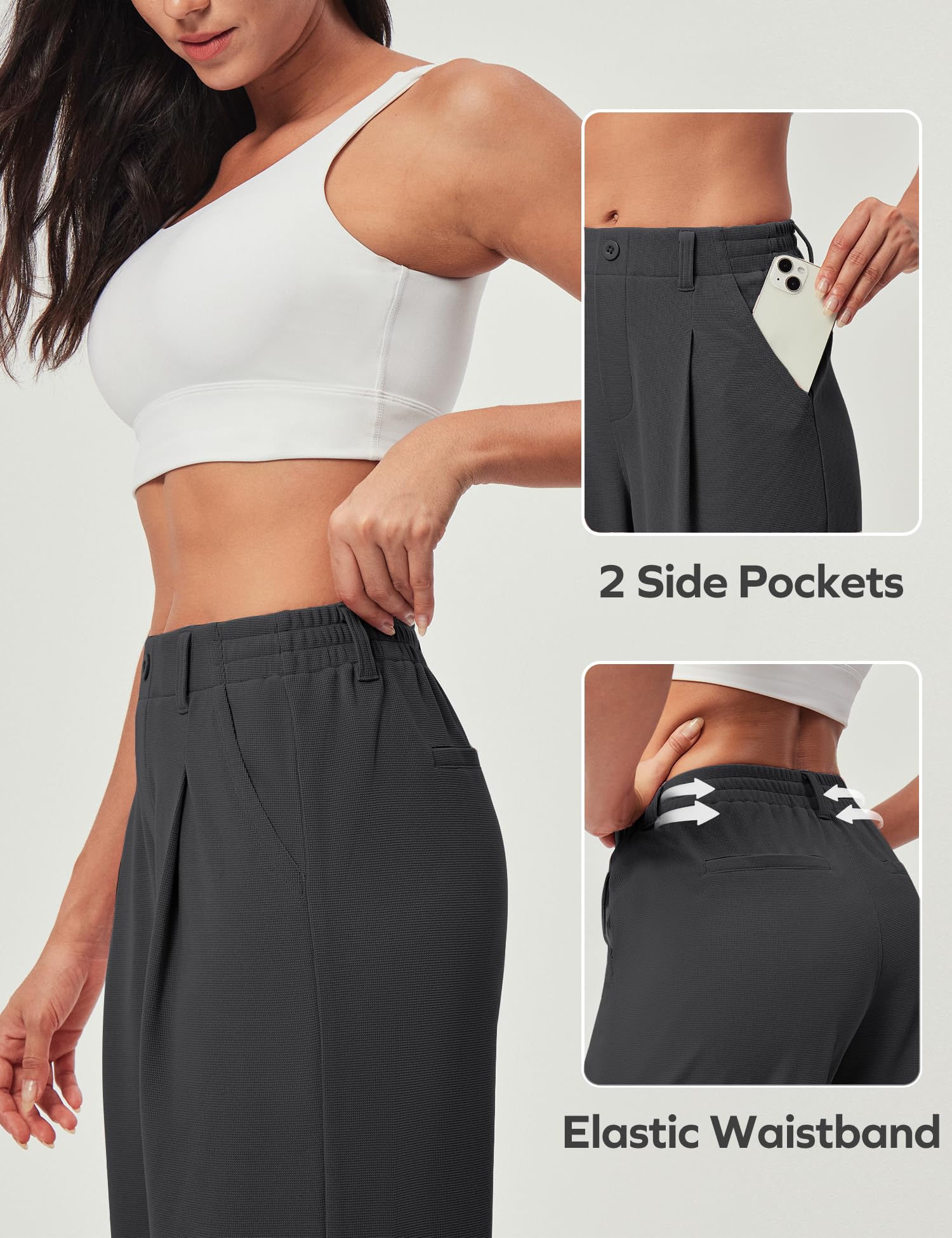 Women's Wide Leg Work Pants - Stretchy Pull-On Business Casual Trousers with Pockets