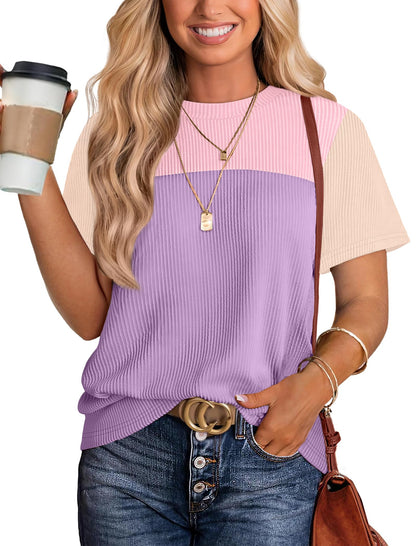 Women's Color Block Knit Shirt Short Sleeve Crewneck Top