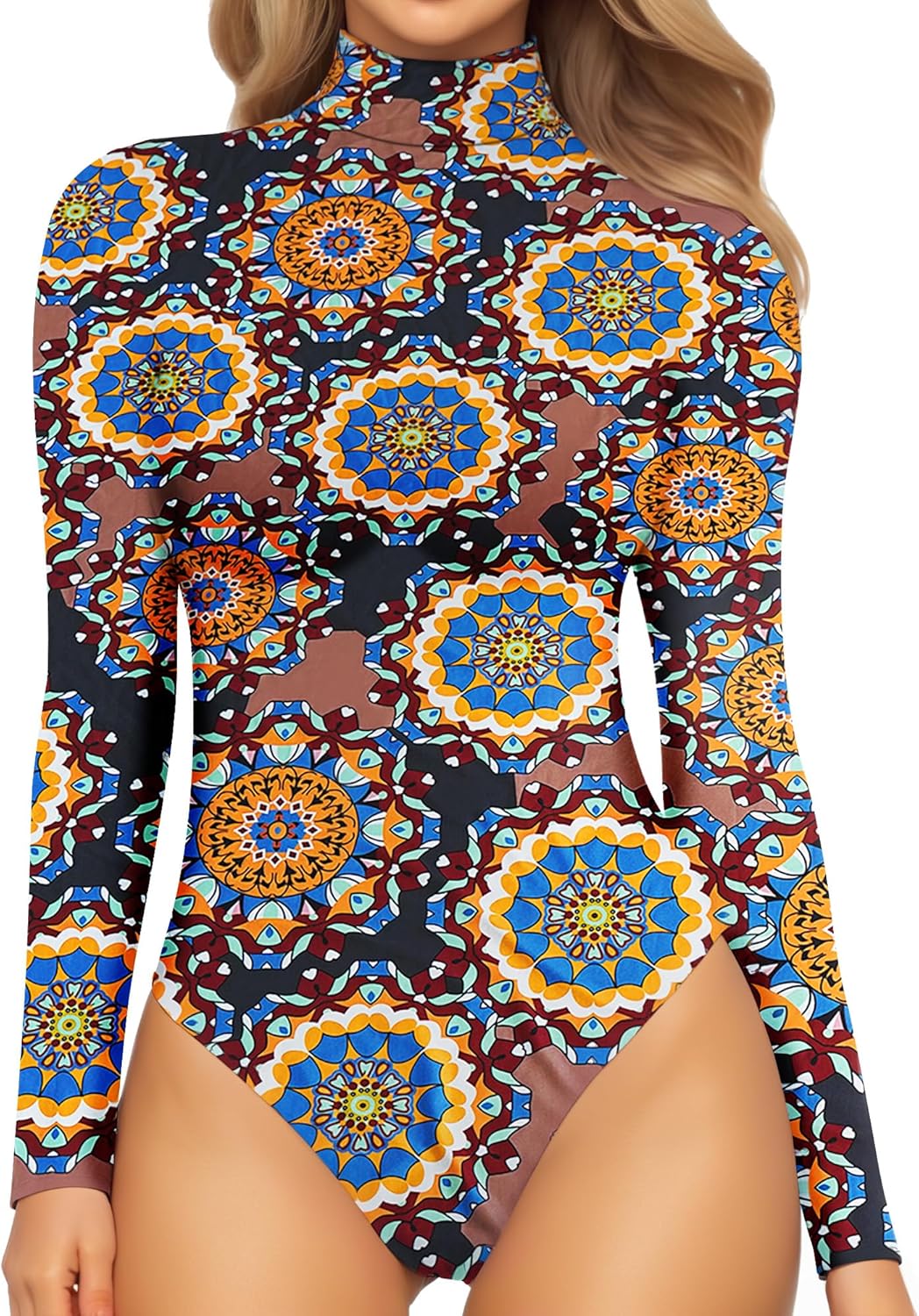 Mock Turtleneck Bodysuit - Long Sleeve Fitted Top with Snap Closure 04 Long Sleeve Mandala