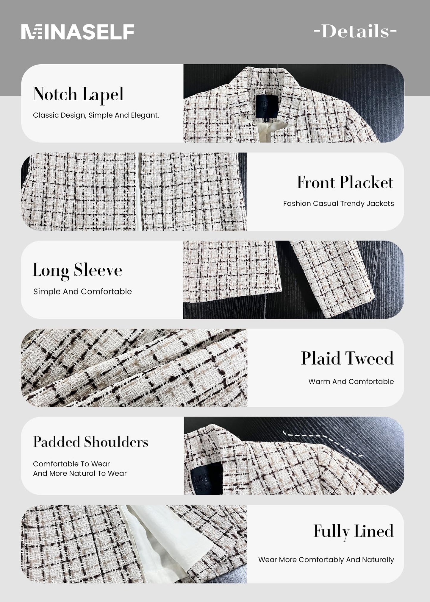 Women's Tweed Blazer Jacket - Open Front Stand Collar Professional Work Coat