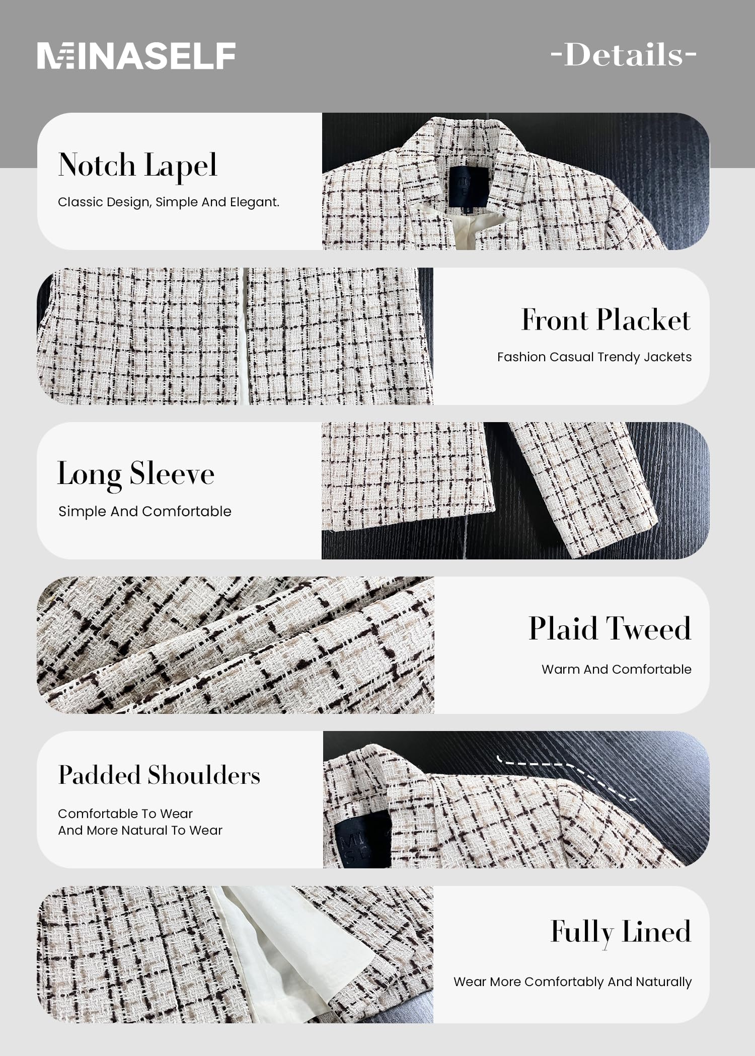 Women's Tweed Blazer Jacket - Open Front Stand Collar Professional Work Coat