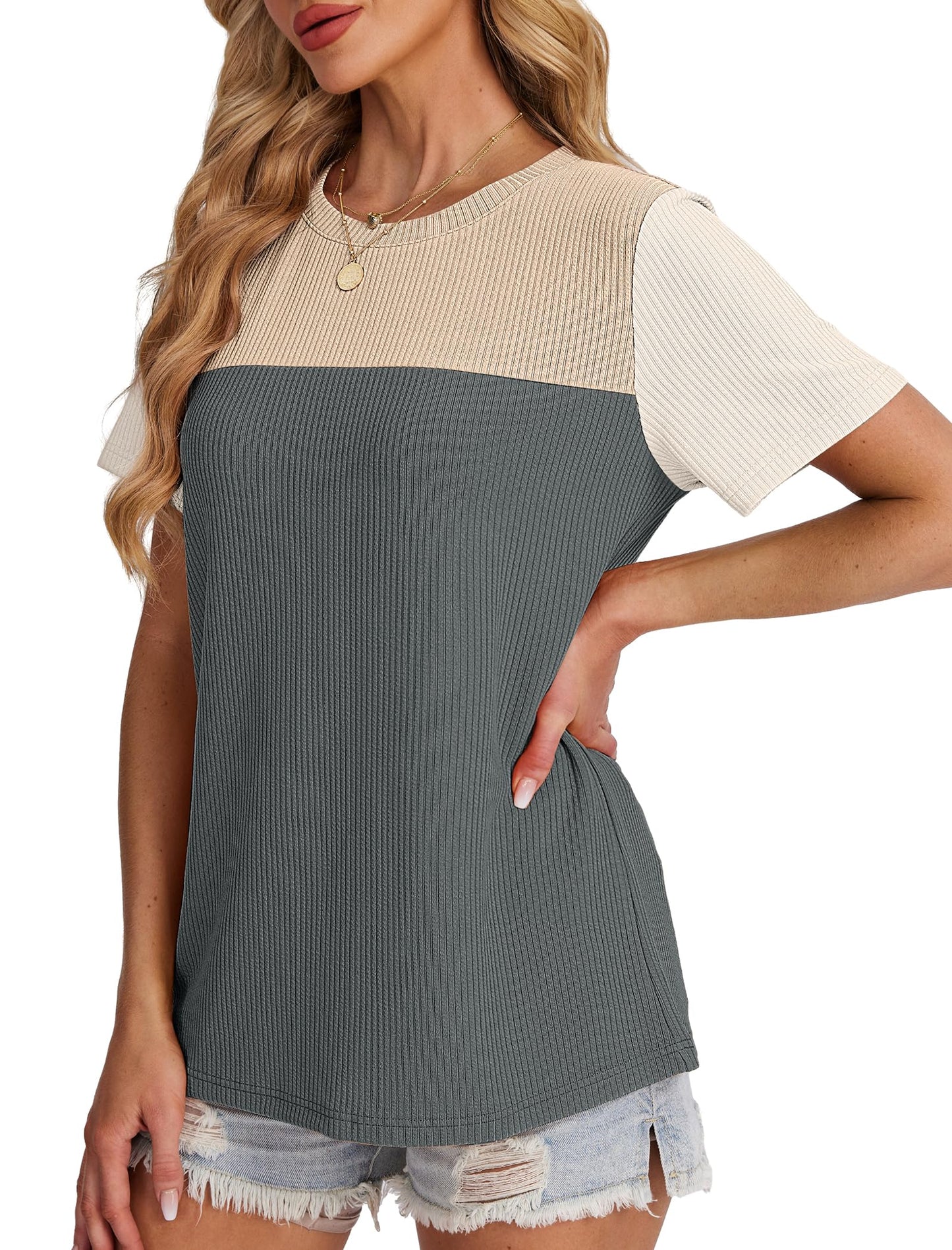 Women's Color Block Knit Shirt Short Sleeve Crewneck Top