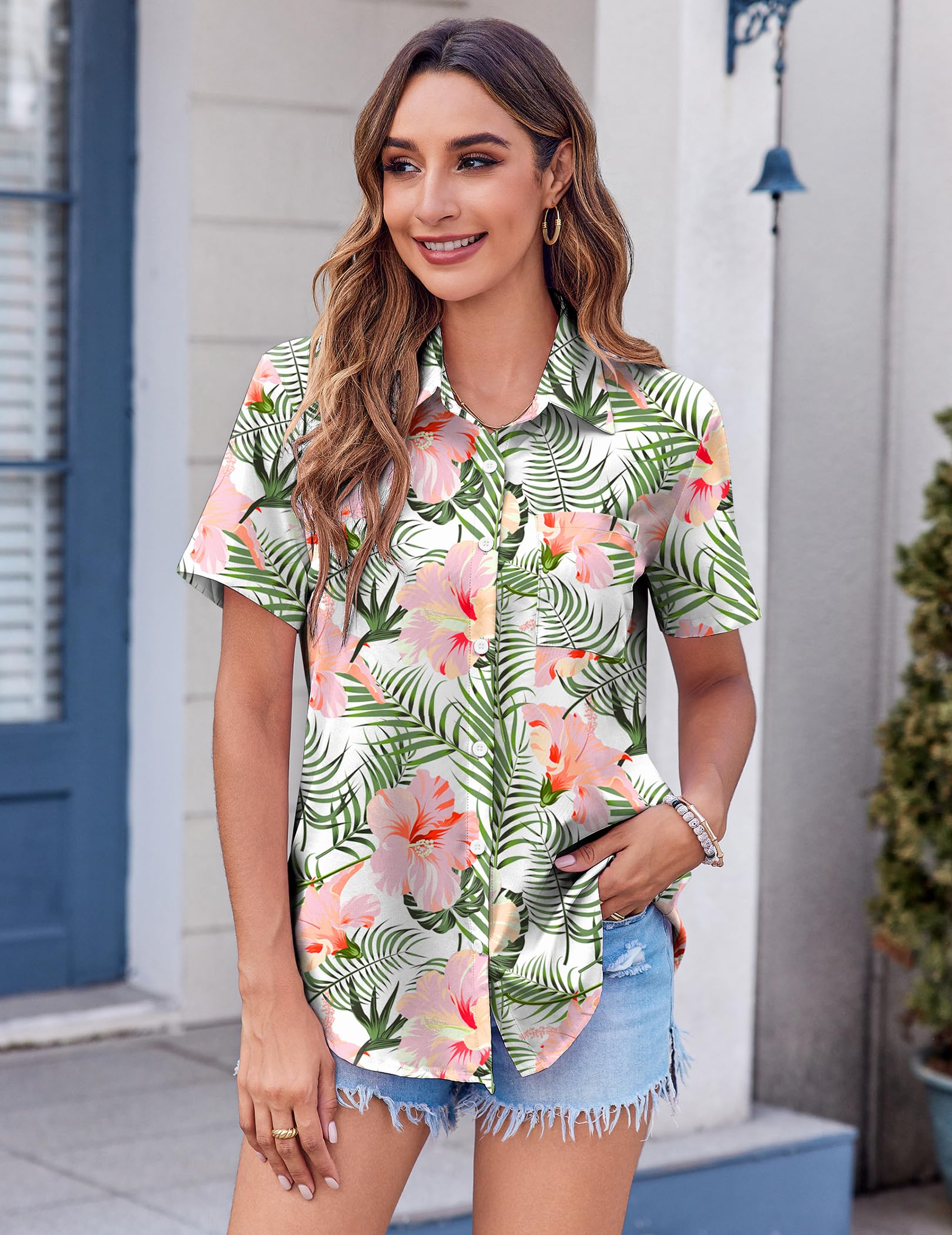 Polyester Blouse - Women's Button Down Shirt Short Sleeve Business Casual Blouse with Chest Pocket