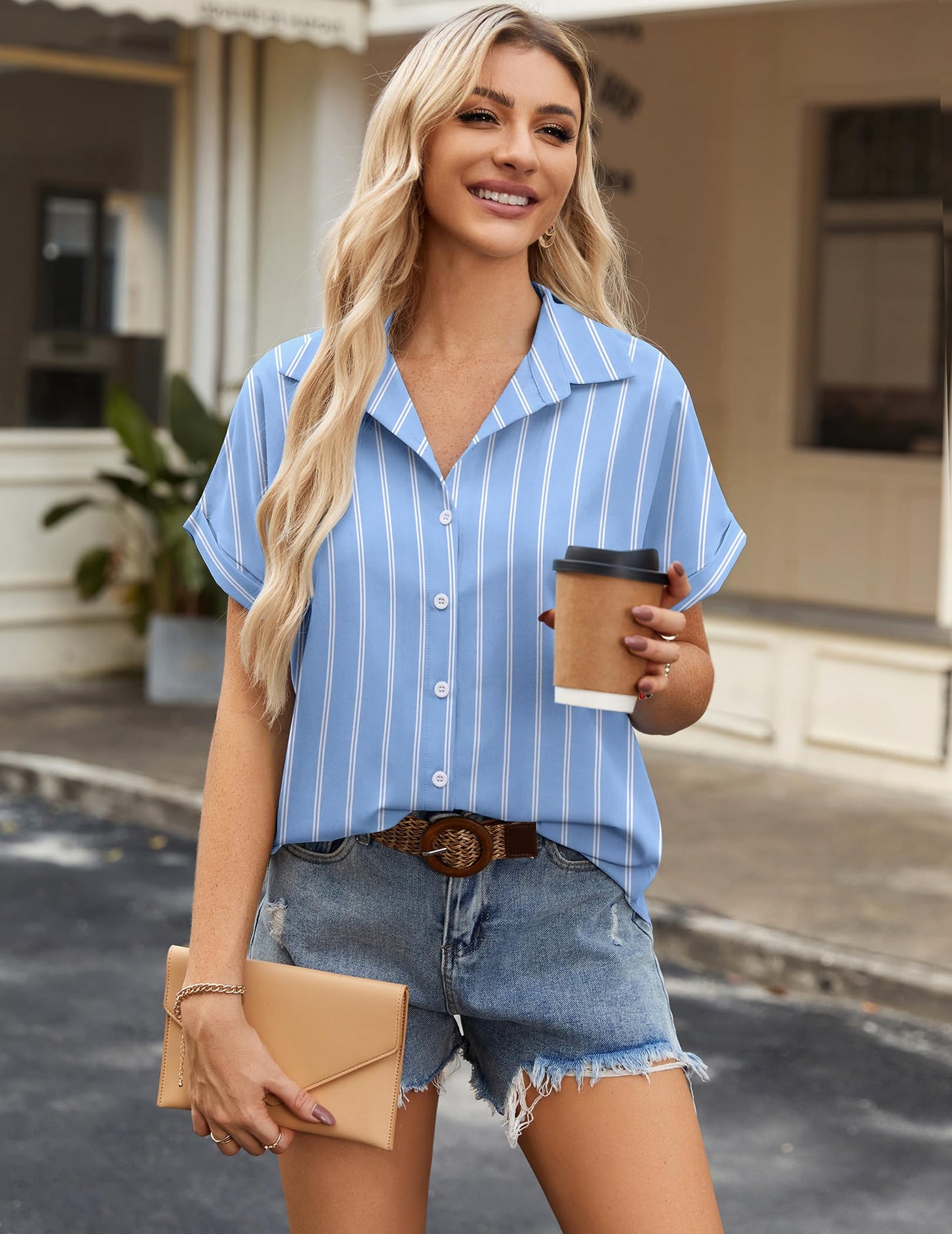 Women's Short Sleeve Button Down Shirt - Summer V-Neck Blouse for Work and Casual