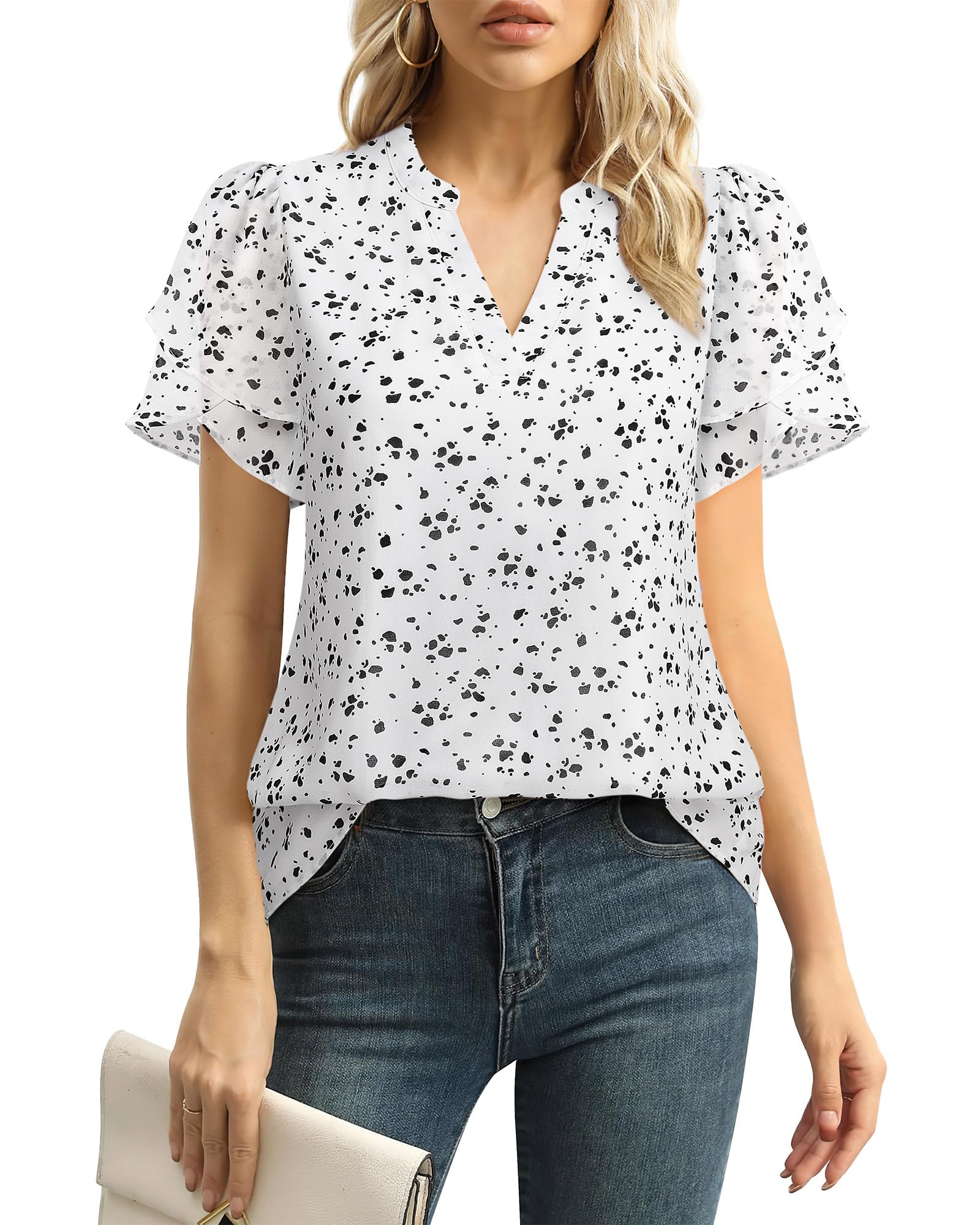 Polyester Blouses - Women's Chiffon Blouse V-Neck Puff Sleeve Summer Top for Work and Casual Wear