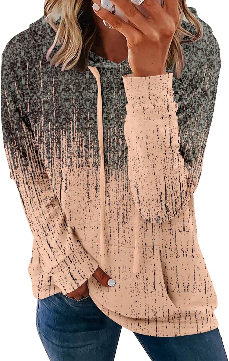 Pullover Hoodie - Tie Dye & Floral Print Hooded Sweatshirt with Pockets L-apricot Mosaic