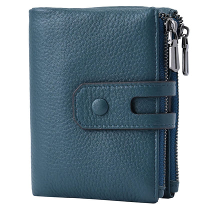 Women Leather Wallet - Small RFID Blocking Card Holder with Double Zipper Small Blue