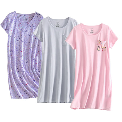 PNAEONG 3 Pack Women's Cotton Nightgown Sleepwear Short Sleeves Shirt Casual Print Sleepdress