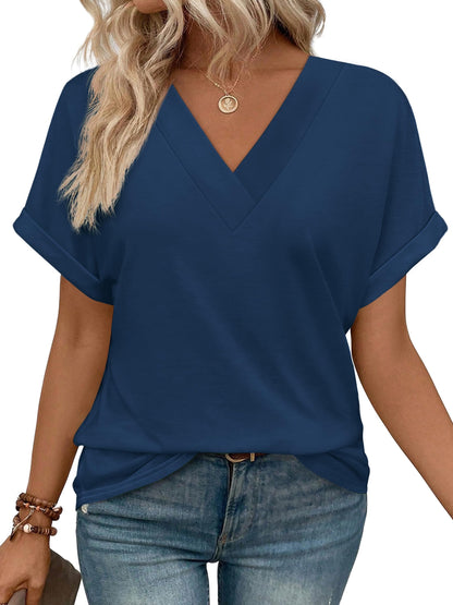 Womens Summer Tops V Neck Short Sleeve Shirts Casual Dolman Sleeve Fashion Blouse