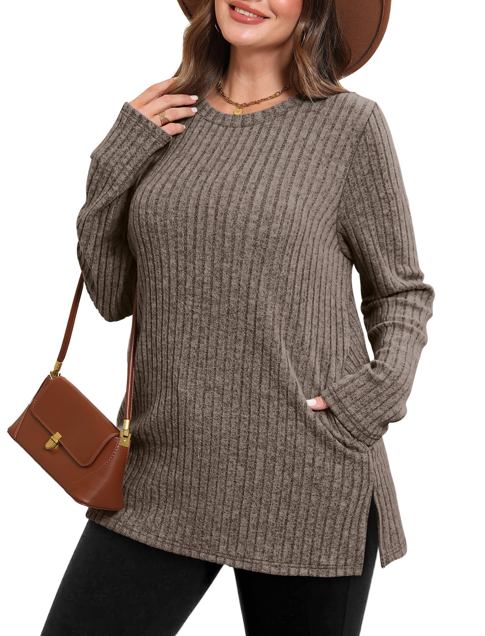Women's Crewneck Sweater with Pockets - Long Sleeve Tunic Top with Side Slits