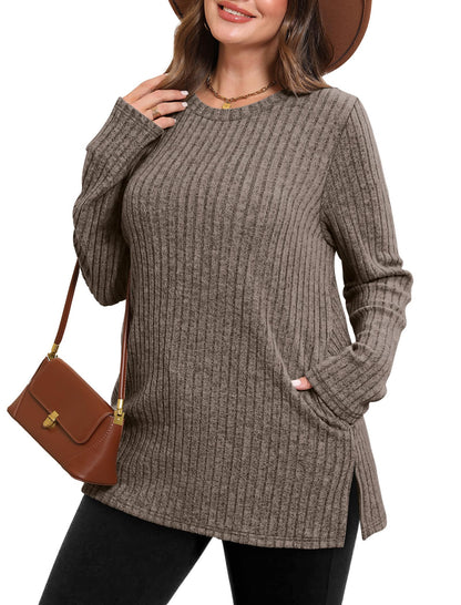 Women's Crewneck Sweater with Pockets - Long Sleeve Tunic Top with Side Slits