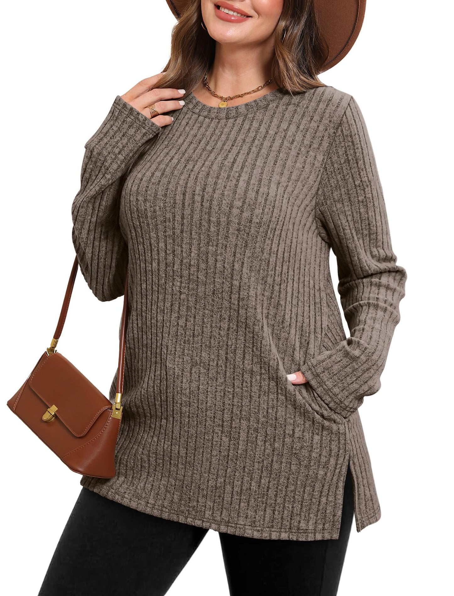 Women's Crewneck Sweater with Pockets - Long Sleeve Tunic Top with Side Slits