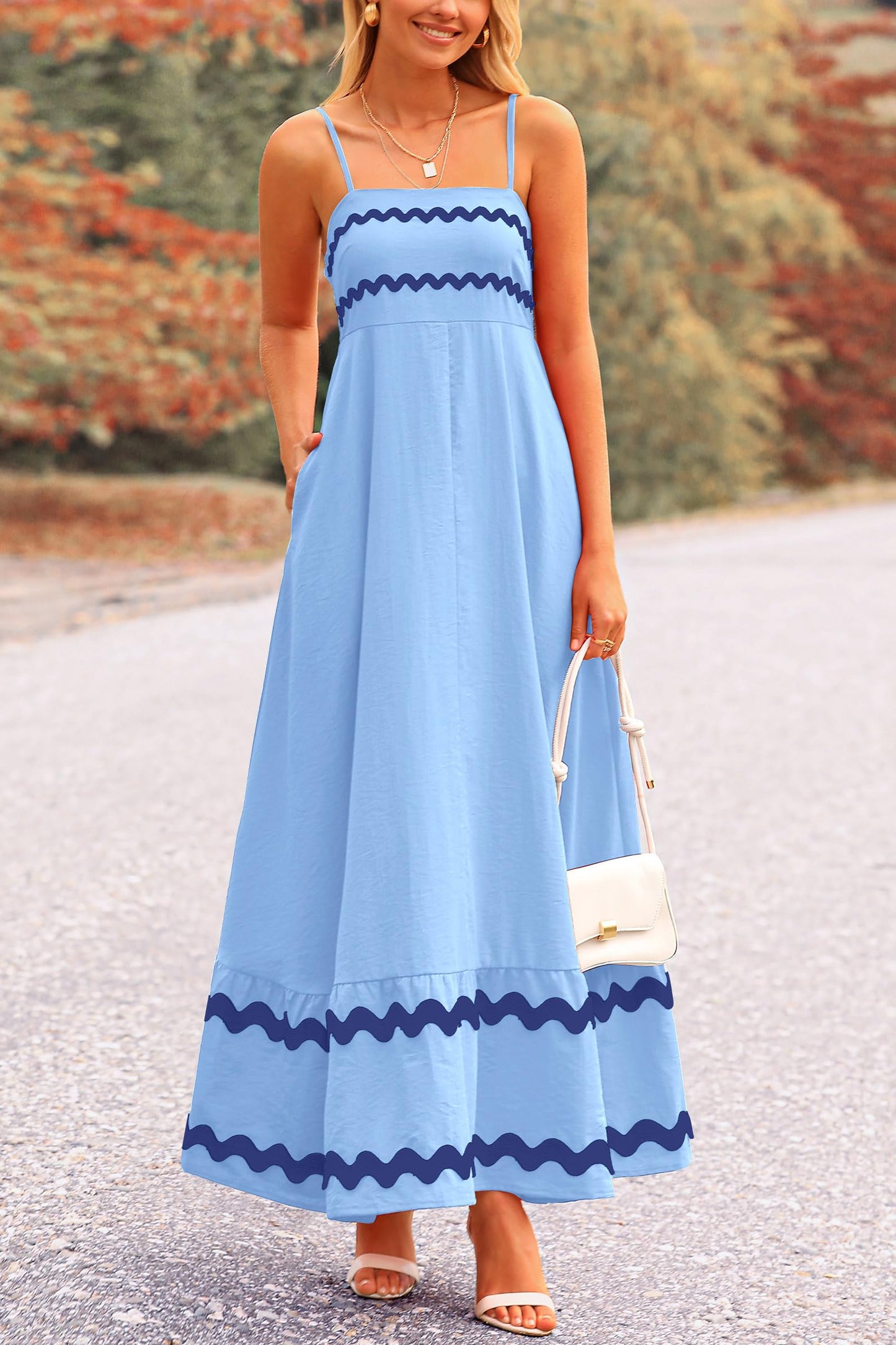 Blue Casual Dresses - Women's Sleeveless Spaghetti Strap Maxi Dress - Flowy Beach Ruffle