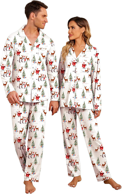 Christmas Family Matching Pajamas - Long Sleeve Button Down PJ Set White Christmas Elements