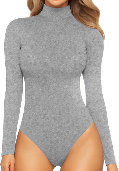 Mock Turtleneck Bodysuit - Long Sleeve Fitted Top with Snap Closure 04 Long Sleeve Light Heather Grey