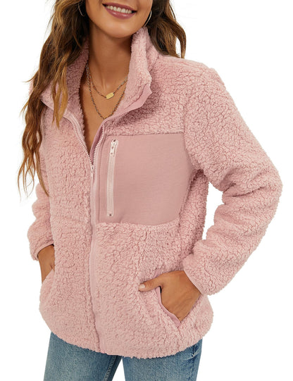 VVK Women's Fashion Faux Shearling Shaggy Full Zip Coats Warm Winter Patchwork Jackets with Pocket