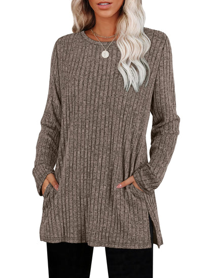 Women's Crewneck Sweater with Pockets - Long Sleeve Tunic Top with Side Slits