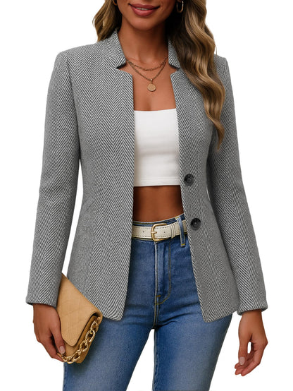 Women's Tweed Blazer Jacket - Open Front Stand Collar Professional Work Coat XX-Large Herringbone-grey