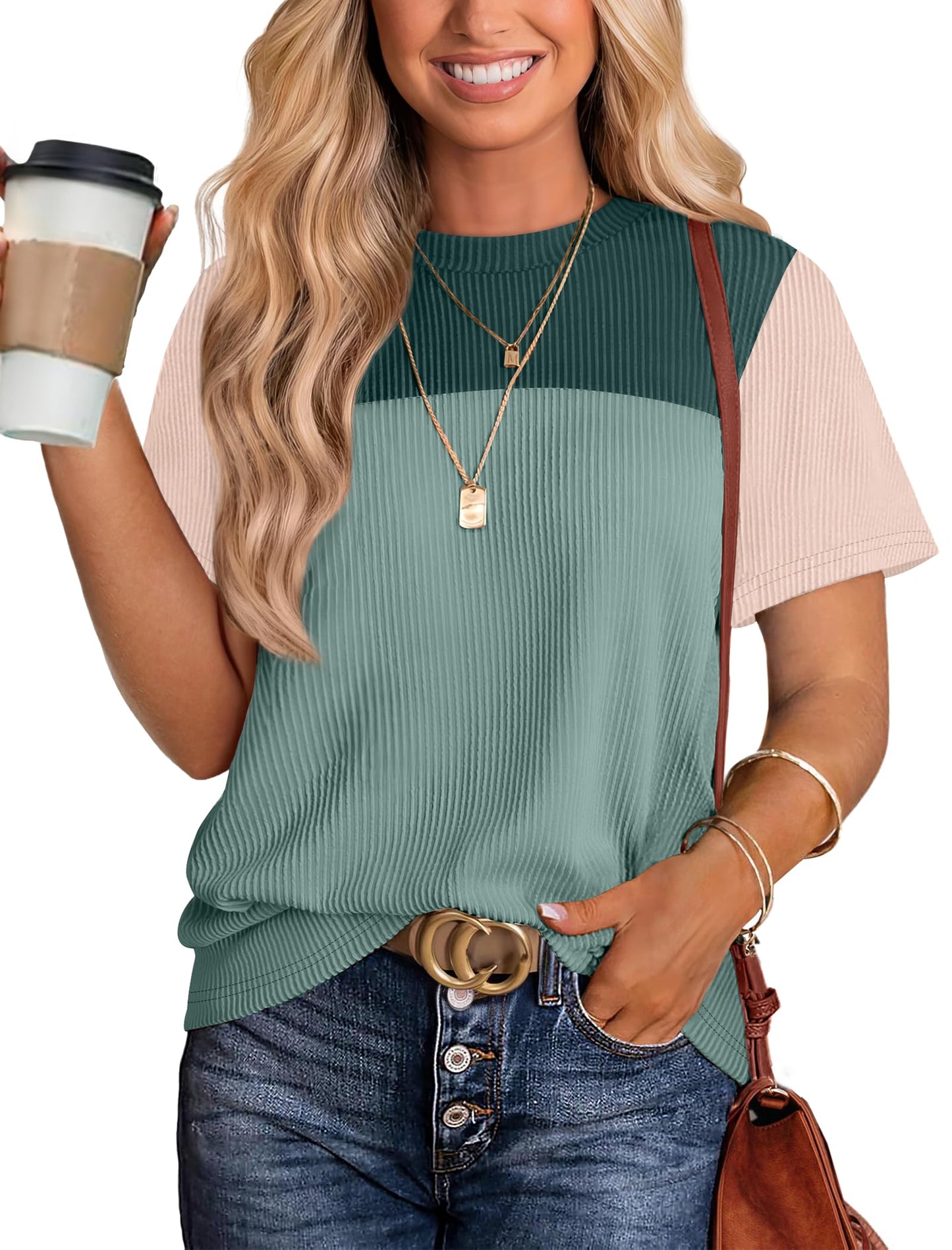 Women's Color Block Knit Shirt Short Sleeve Crewneck Top