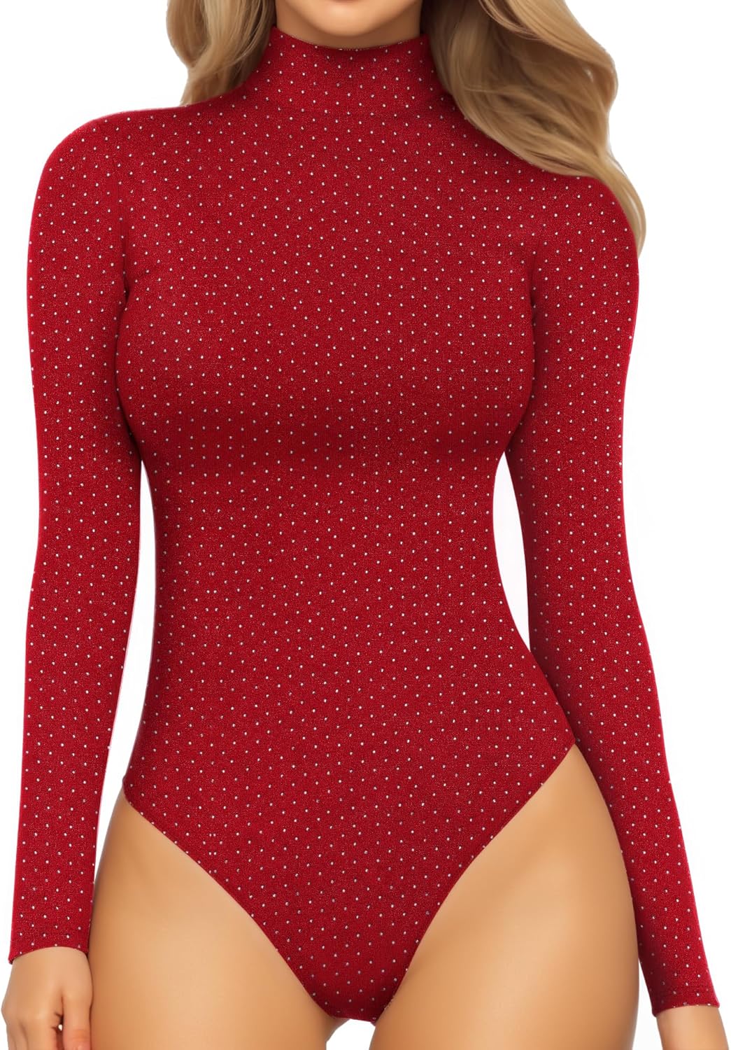 Mock Turtleneck Bodysuit - Long Sleeve Fitted Top with Snap Closure