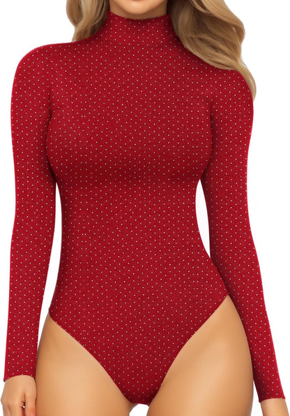 Mock Turtleneck Bodysuit - Long Sleeve Fitted Top with Snap Closure