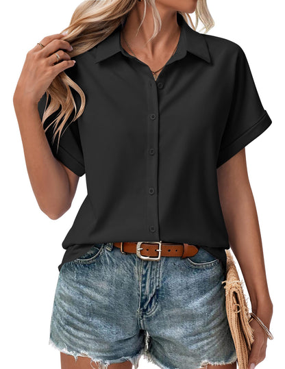 Women's Short Sleeve Button Down Shirt - Summer V-Neck Blouse for Work and Casual Black