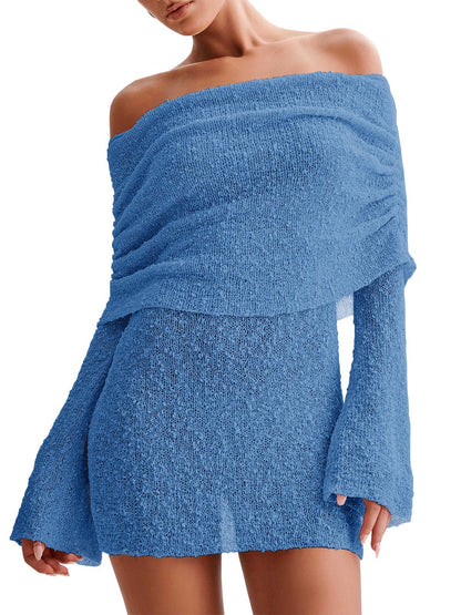 Women's Off Shoulder Beach Cover Up - Sheer Bell Sleeve Mini Dress for Swimwear Royal Blue