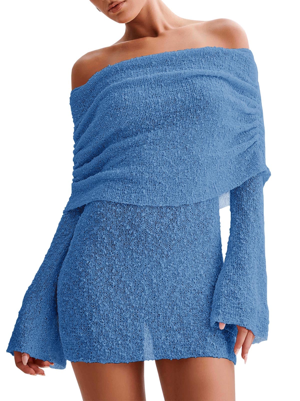 Women's Off Shoulder Beach Cover Up - Sheer Bell Sleeve Mini Dress for Swimwear Royal Blue