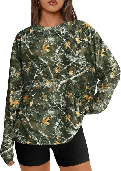 Women's Oversized Long Sleeve T-Shirt Casual Crewneck Basic Tee Camoarmygreen