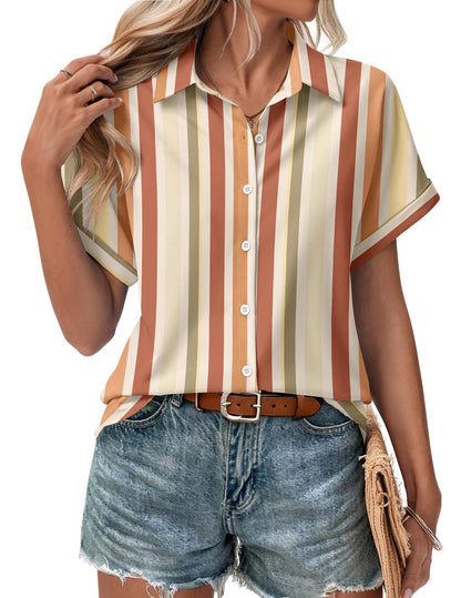 Women's Short Sleeve Button Down Shirt - Summer V-Neck Blouse for Work and Casual