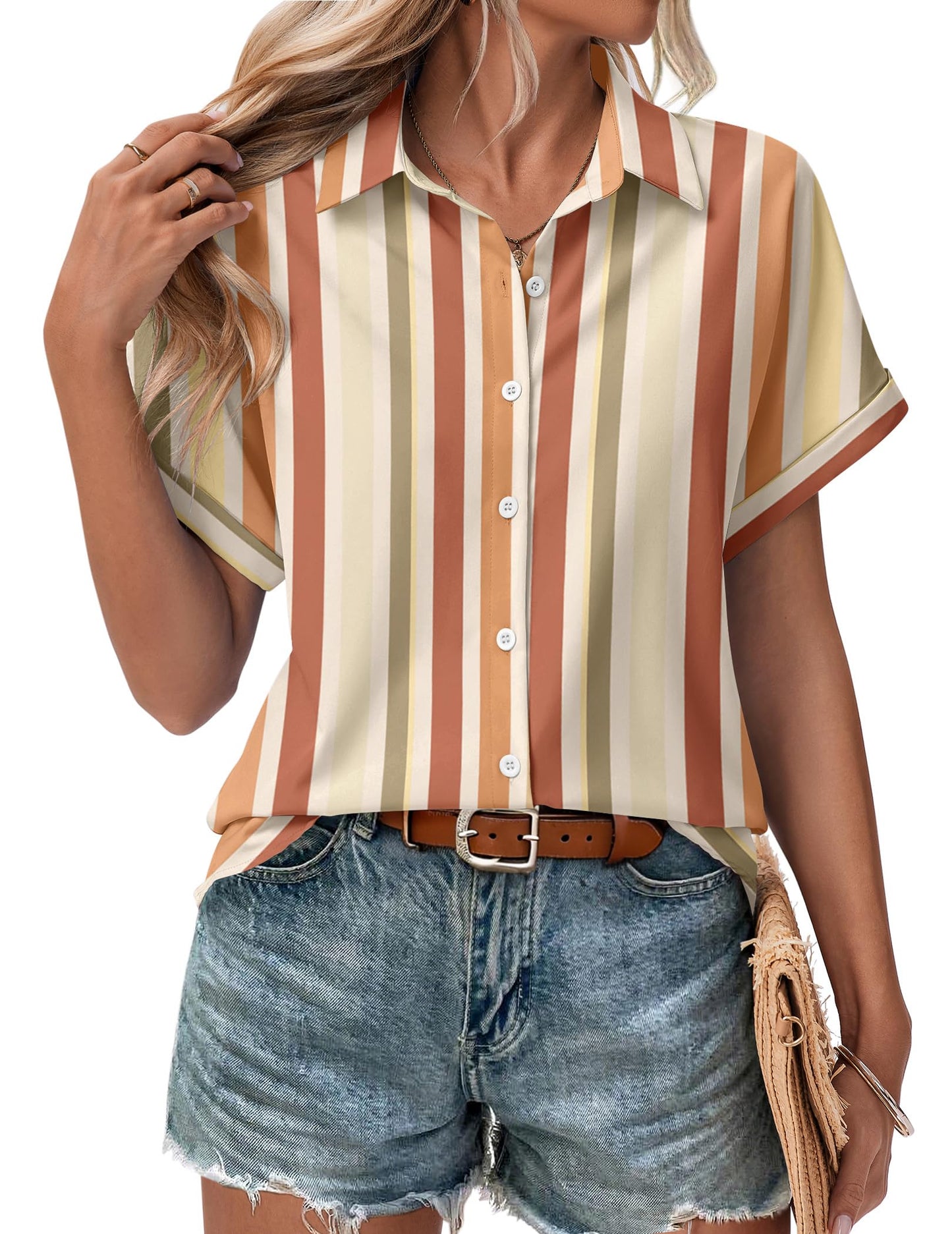 Women's Short Sleeve Button Down Shirt - Summer V-Neck Blouse for Work and Casual Tw720
