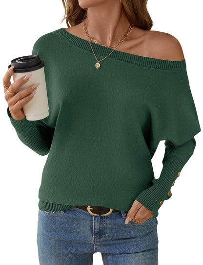 Women's Off The Shoulder Sweater - Oversized Knit Batwing Sleeve Pullover
