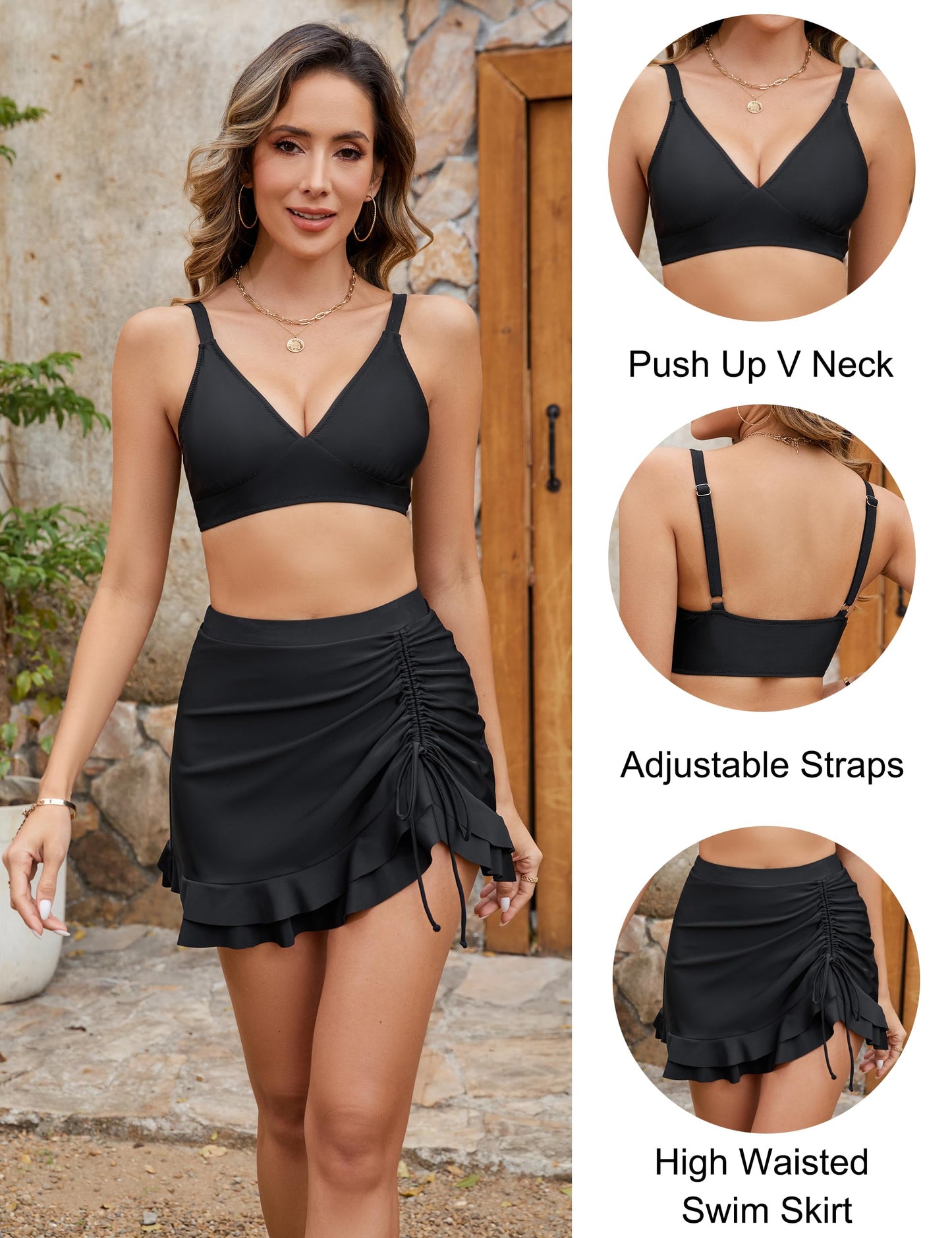 Women's High Waisted Bikini Set with Swim Skirt - Retro Gingham Tummy Control Swimsuit