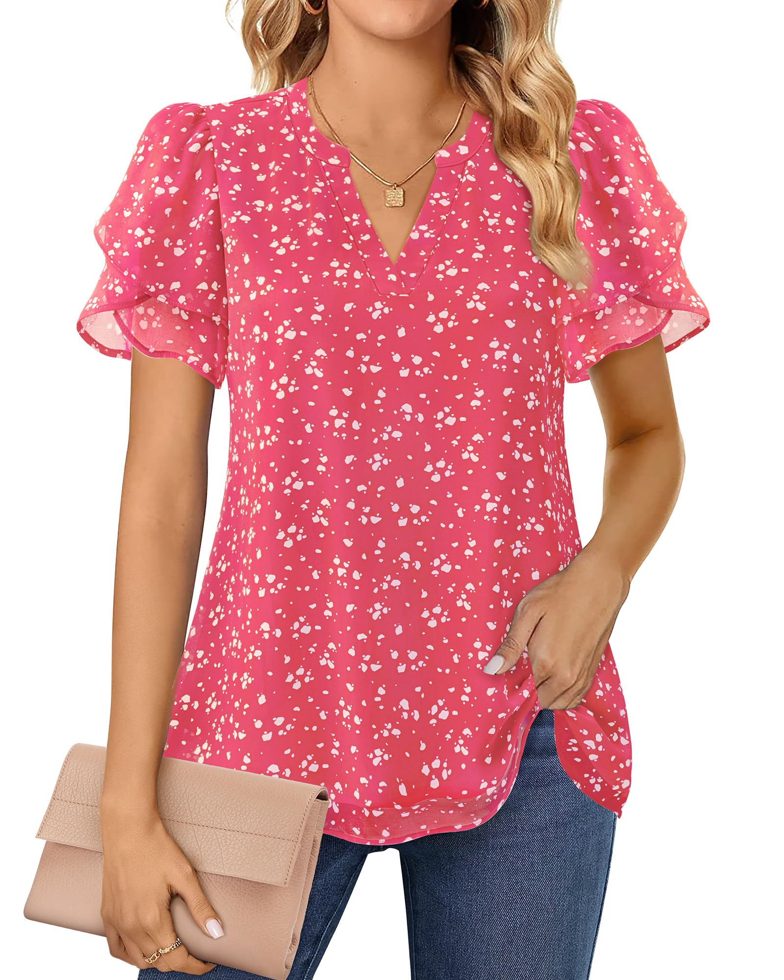Polyester Blouses - Women's Chiffon Blouse V-Neck Puff Sleeve Summer Top for Work and Casual Wear