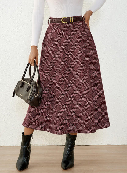 Women's Plaid Skirts - High Waist A-Line Midi Tartan Skirt with Pockets