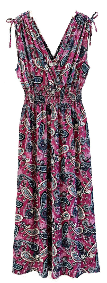 Smocked Maxi Dress - V Neck Exotic Print Dress for Maternity & Plus Size Multi Paisley Berry