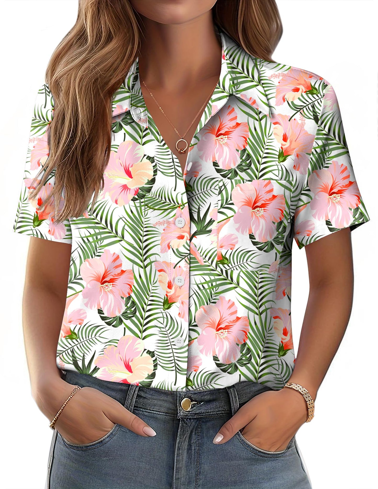 Polyester Blouse - Women's Button Down Shirt Short Sleeve Business Casual Blouse with Chest Pocket Hf15