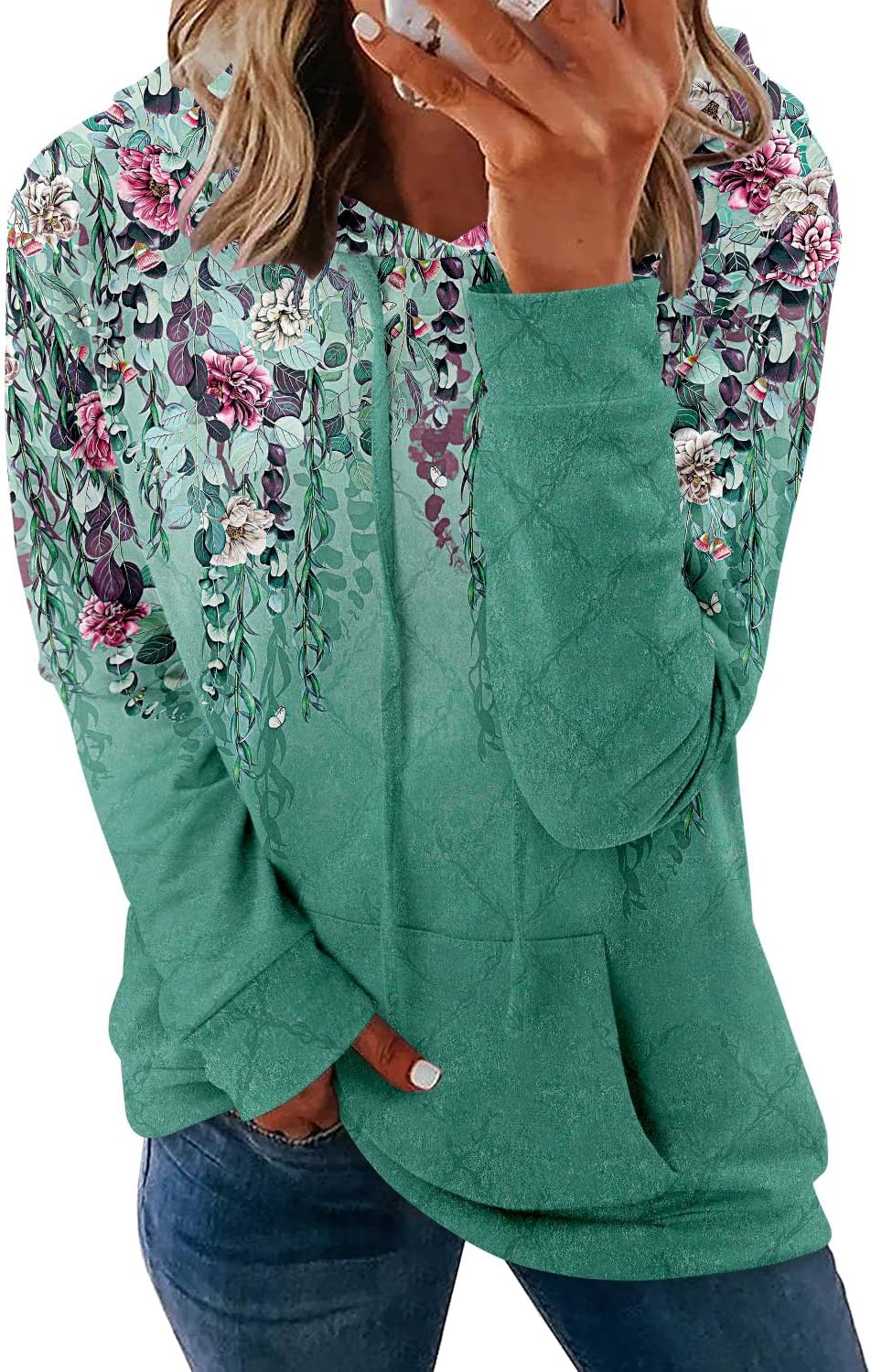 Pullover Hoodie - Tie Dye & Floral Print Hooded Sweatshirt with Pockets L-lisianthus Green