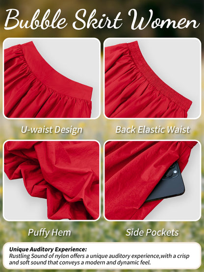 Bubble Skirt with Pockets - Elastic Waist Y2K A-Line Long Skirt for Women