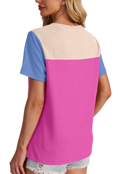 Women's Color Block Knit Shirt Short Sleeve Crewneck Top