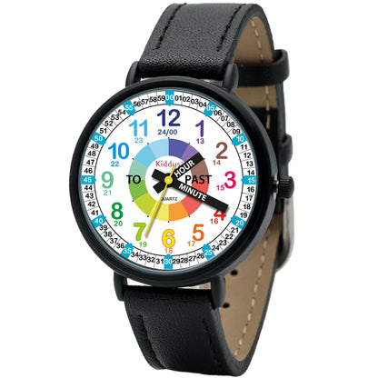 Kids Time Teacher Watch - Educational Analog Watch with Japanese Quartz Movement Ages 5-12 A. English Handles 05 Black Pu Leather Band