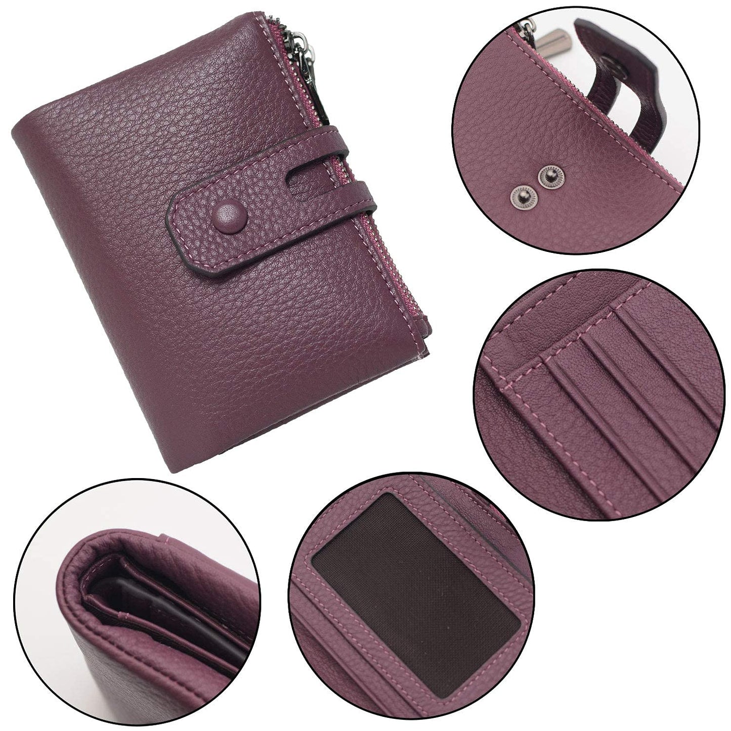 Women Leather Wallet - Small RFID Blocking Card Holder with Double Zipper