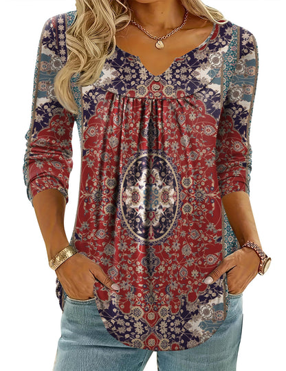 Women Long Sleeve V Neck Blouse - Casual Dressy Work Tunic Top with Pleated Detail 2025 Ethnic Rug Pattern