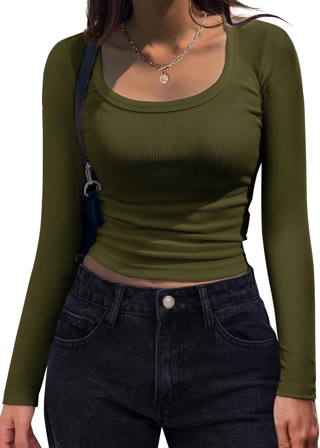 Women's Long Sleeve Scoop Neck Shirt Slim Fit Rib Knit Top Army Green