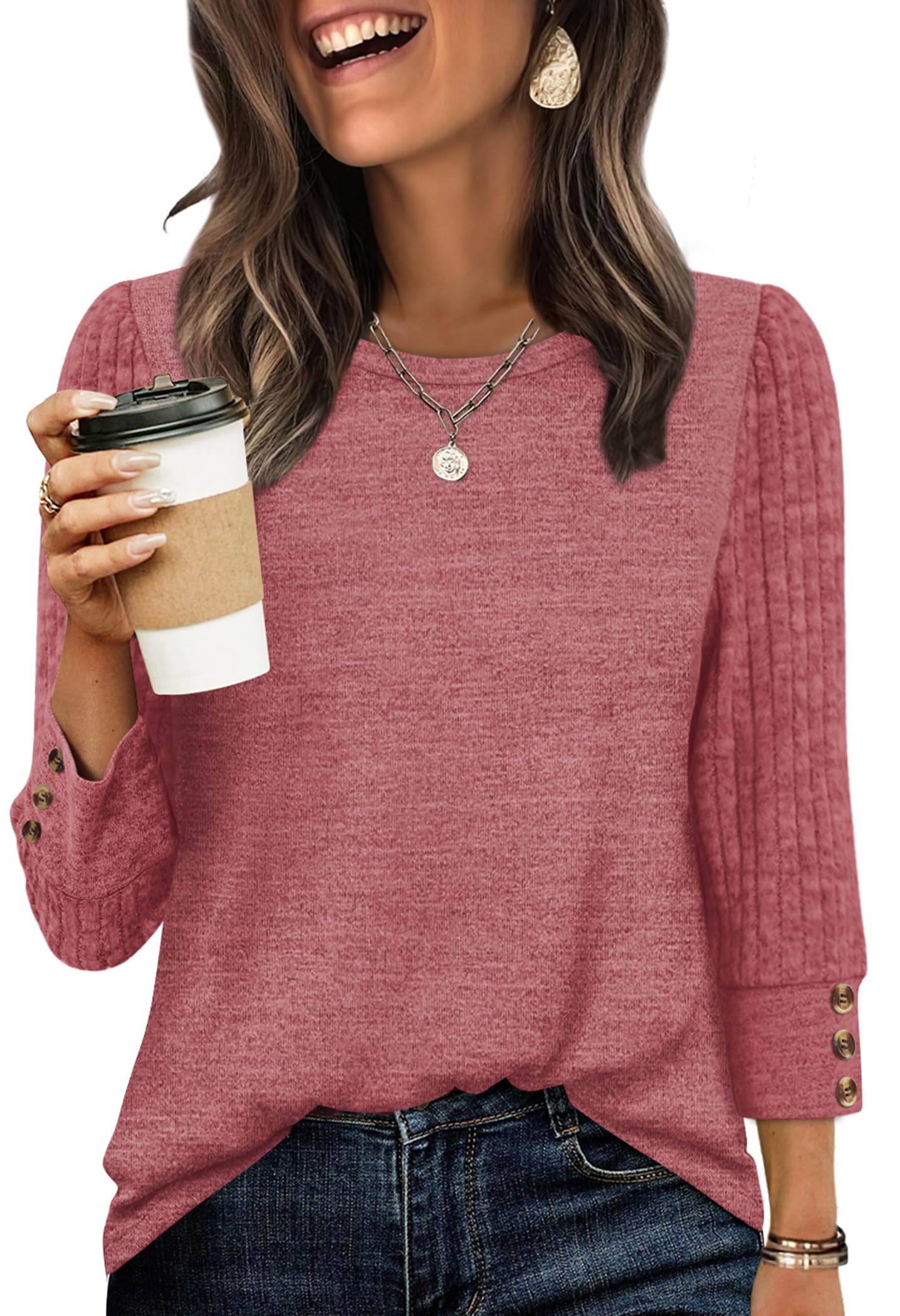 Women's Long Sleeve Shirts - Lightweight 3/4 Sleeve Sweaters with Buttons 05-red