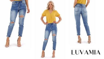 Mom Jeans - luvamia Boyfriend Jeans for Women Stretch High Waisted Ripped Distressed Mom Jeans Slim Denim Pants