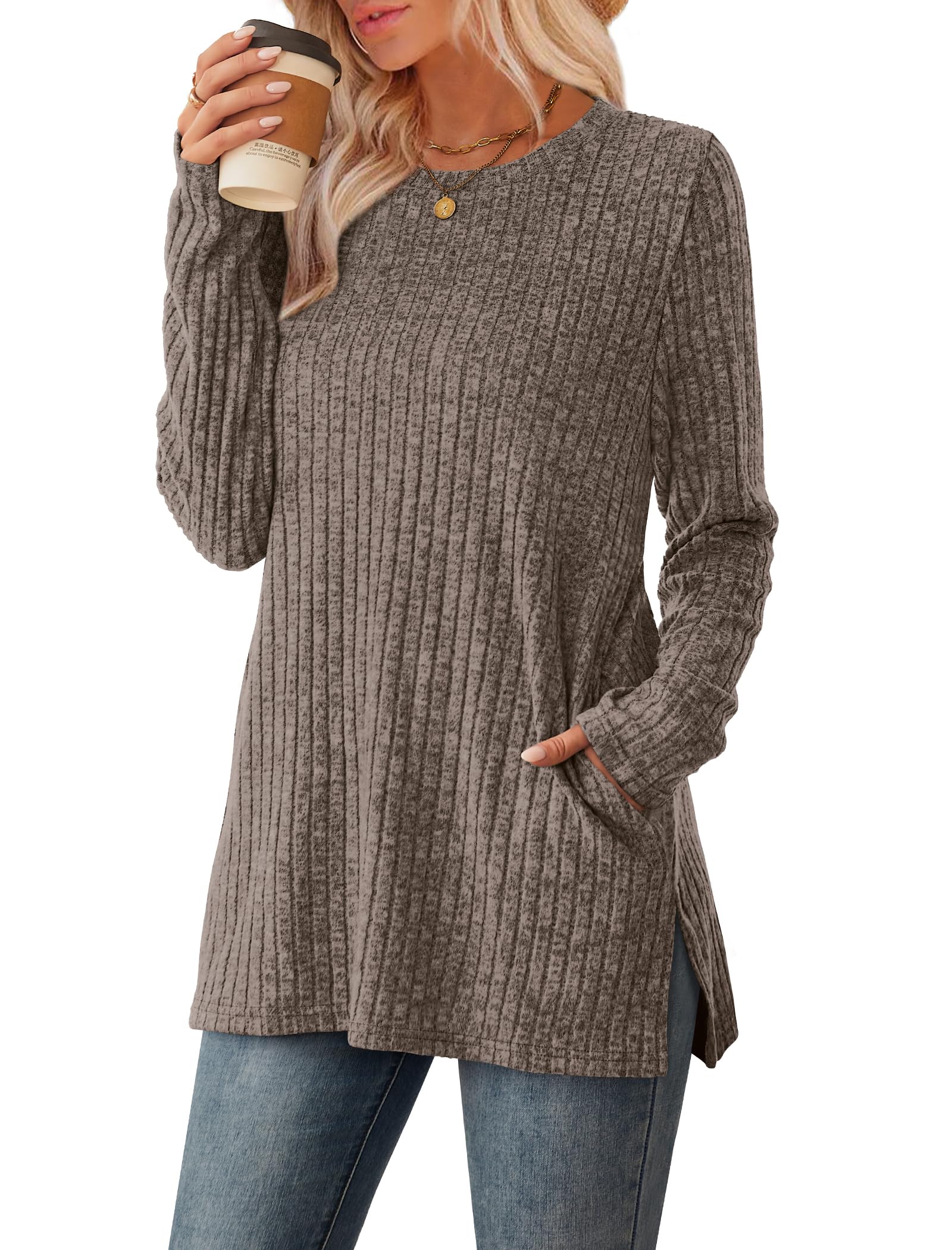 Women's Crewneck Sweater with Pockets - Long Sleeve Tunic Top with Side Slits